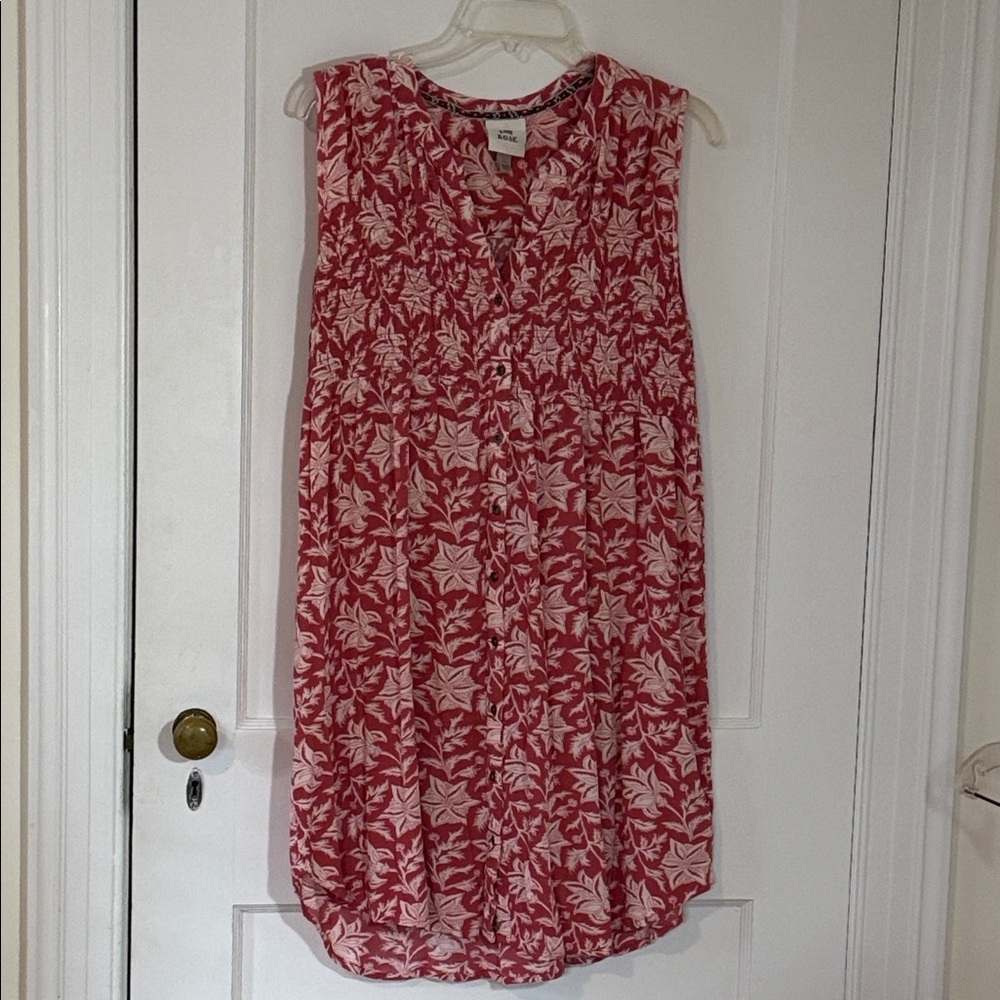 Knox Rose pink/cream button front smocked sleeveless dress, rounded hem, large